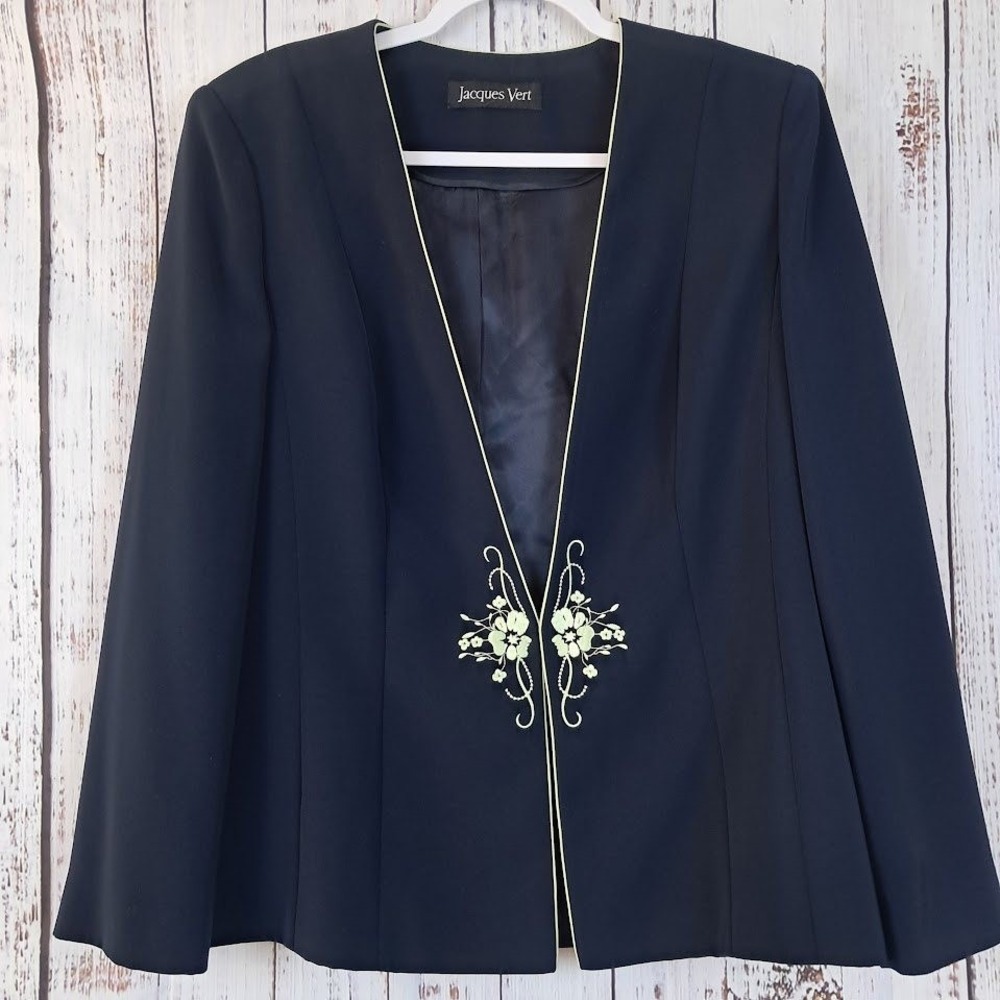 Vintage JACQUES VERT 12 Skirt‎ Suit Set Navy Blue Floral Embroidery Formal - Picture 2 of 9